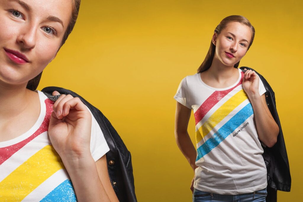 多个应用场景女性T恤模型样机效果图Crew Neck Tshirt Mockup Female Version插图2