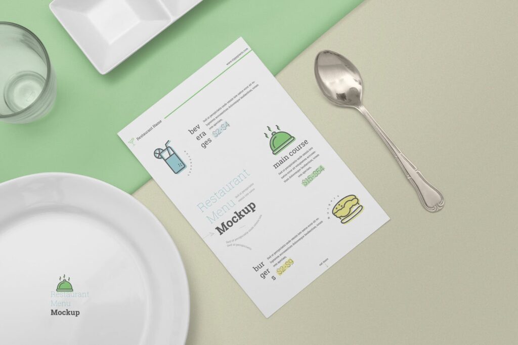 绿色生态餐厅菜单设计模型样机下载Restaurant Menu Card Mockups插图1