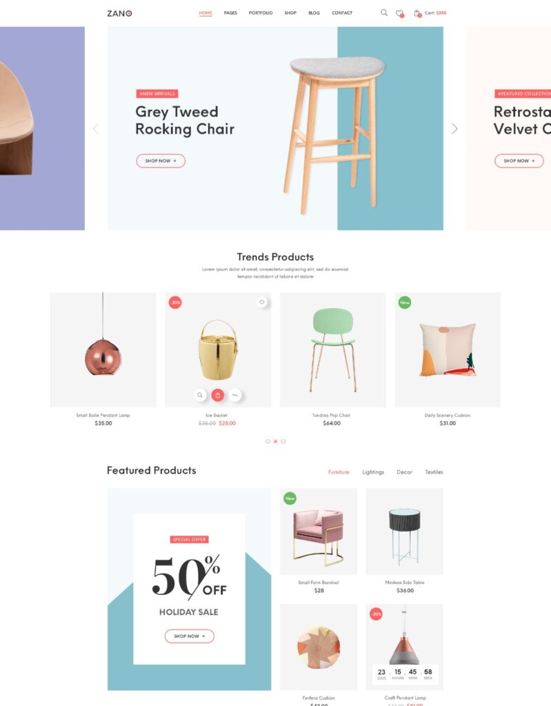 室内设计工作室/家具设计网站素材模板Zano Furniture eCommerce PSD Template插图2
