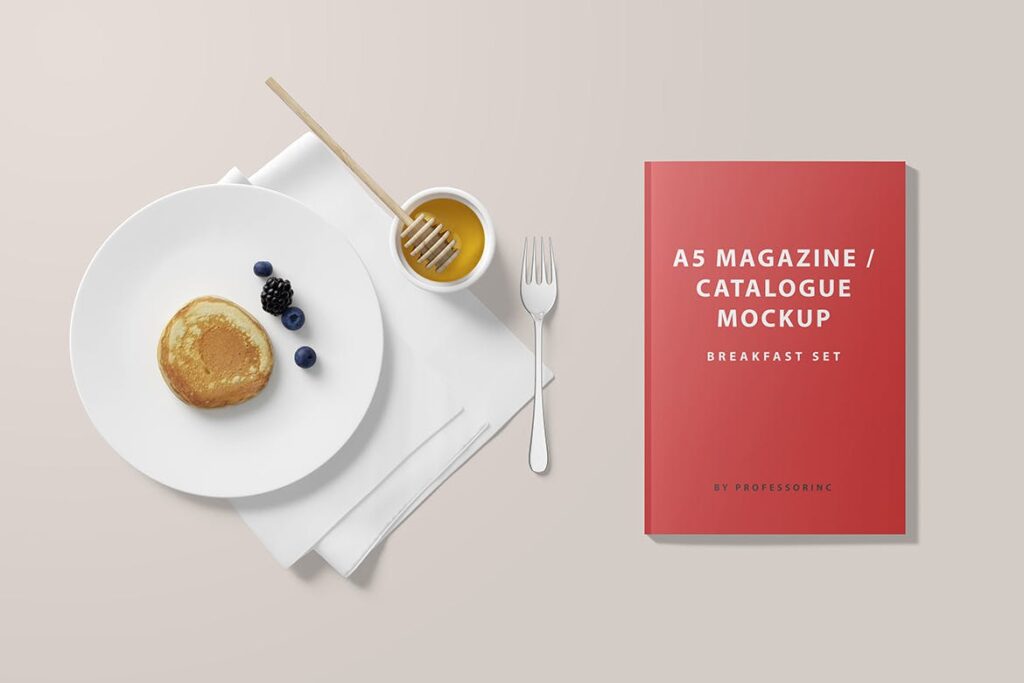 早餐A5杂志目录模型样机效果图A5 Magazine Catalogue Mockup Breakfast Set插图2