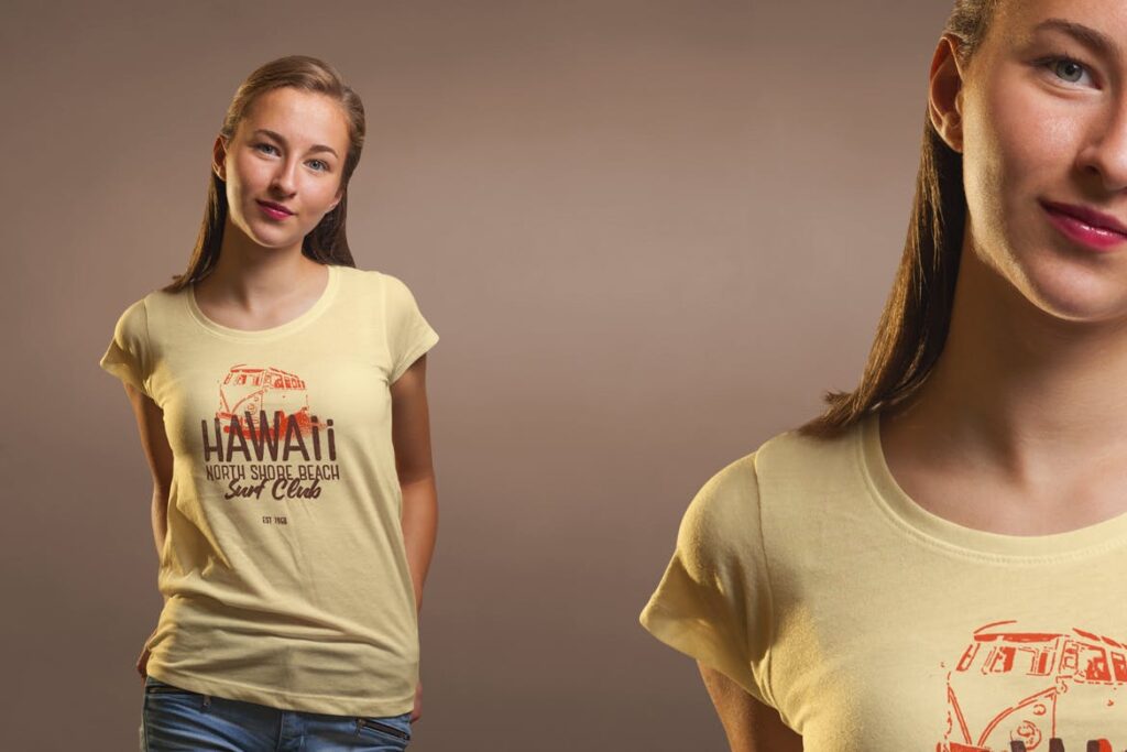 多个应用场景女性T恤模型样机效果图Crew Neck Tshirt Mockup Female Version插图3