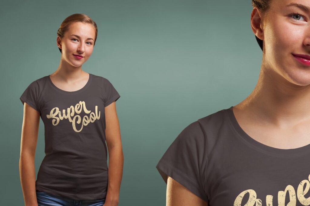 多个应用场景女性T恤模型样机效果图Crew Neck Tshirt Mockup Female Version插图4