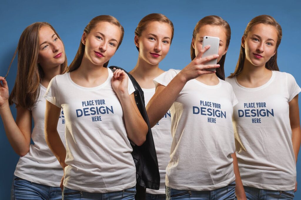 多个应用场景女性T恤模型样机效果图Crew Neck Tshirt Mockup Female Version插图6