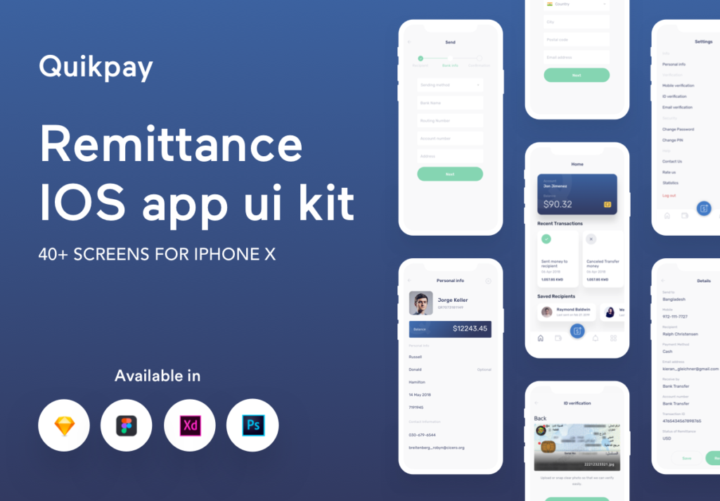 金融类主题银行转账应用界面设计套件素材Quikpay Remittance IOS app ui kit