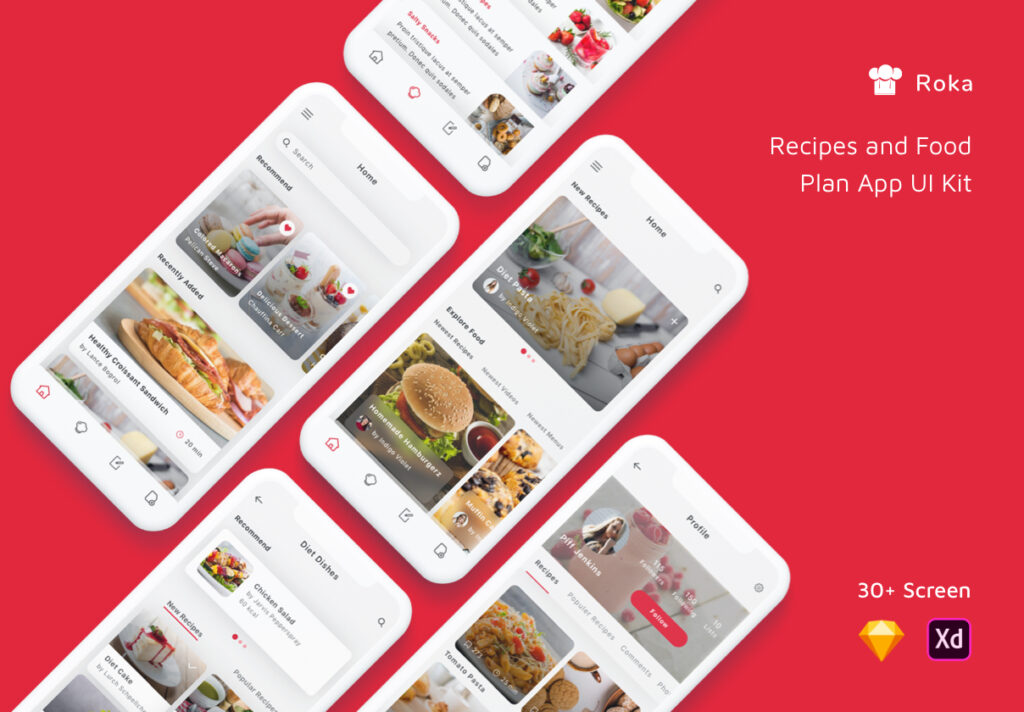 现代美食类设计套件素材模板素材下载Roka – Recipes and Food Plan App UI Kit