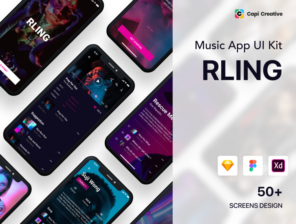 暗黑主题流行流行色渐变风格音乐App UI Kit设计模型设计RLing Amazing Music App UI Kit插图1