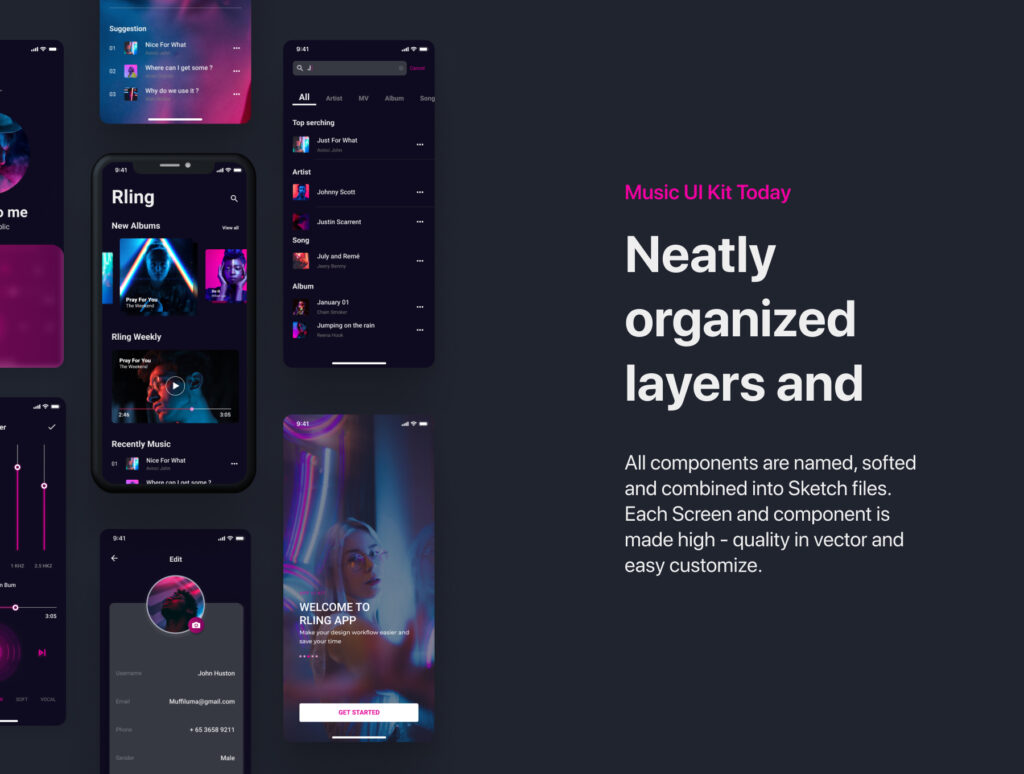 暗黑主题流行流行色渐变风格音乐App UI Kit设计模型设计RLing Amazing Music App UI Kit插图6