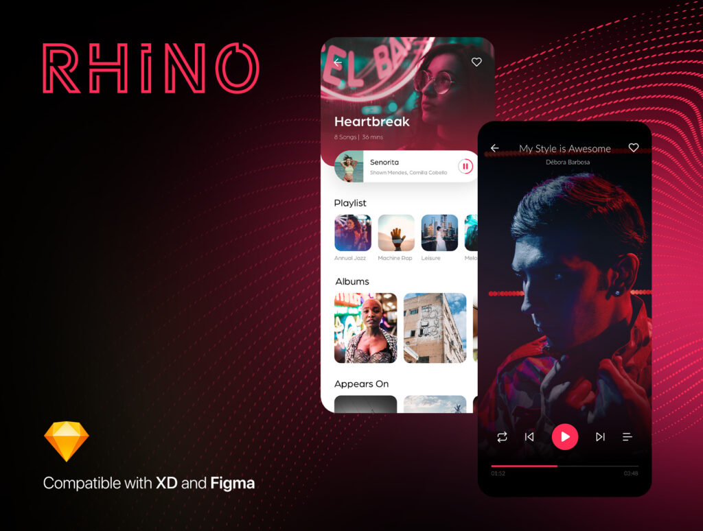 渐变风格音乐移动应用程序素材下载Rhino Music UI Kit插图1