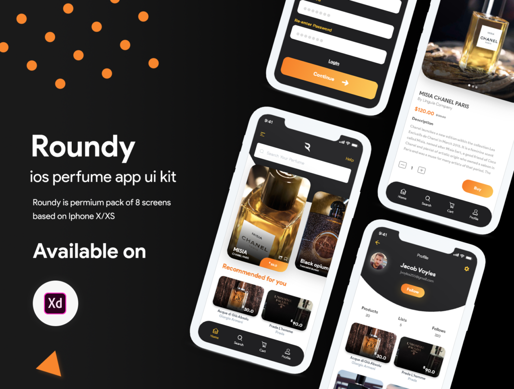 高端香水电商购物类APP移动界面素材下载Roundy Perfume Shop App UI Kit插图1