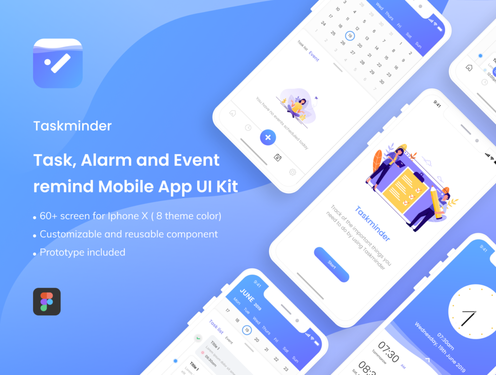 日历及时间管理工具UI界面设计套件素材下载Taskminder – Task, Alarm and Event remind Mobile App UI Kit插图1