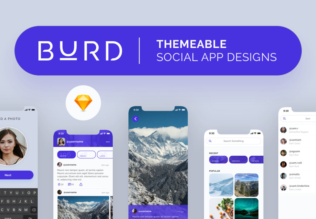 旅游主题类素材UIkit设计套件模型下载Burd Sketch Social UI Kit