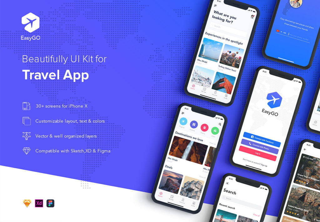 旅行/出游定制主题类UI界面设计条件EasyGo Travel App UI Kit
