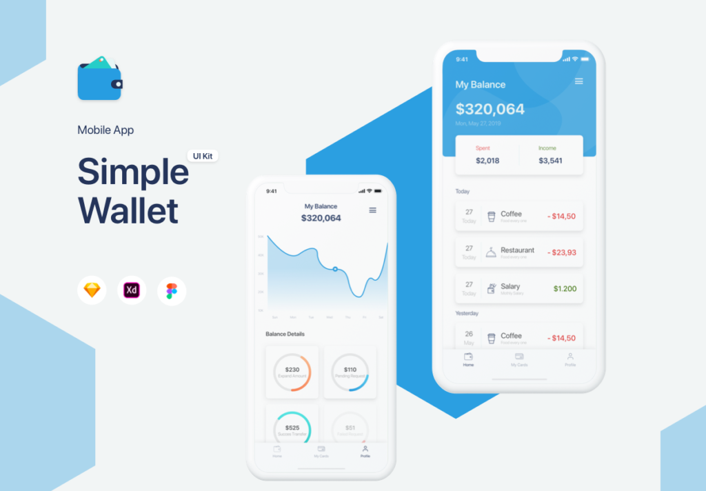 金融钱包移动应用程序素材模板下载Simple Wallet App UI UX Kit插图