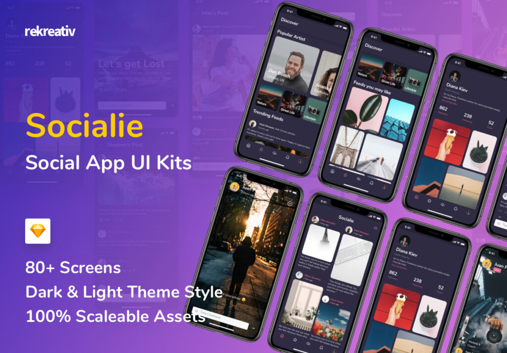 社交媒体的应用程序UI界面素材设计套件素材模板下载Social App UI Kits