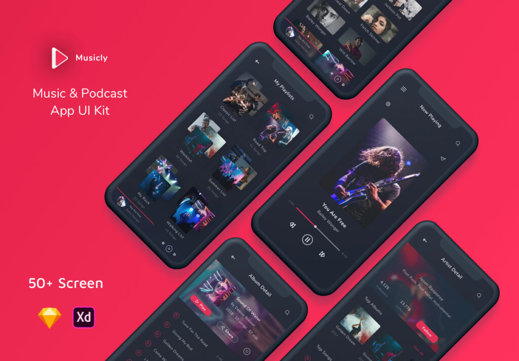 民宿服务行业UI界面素材设计套件Musicly – Music and Podcast App UI Kit