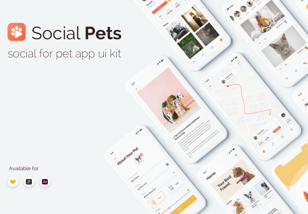 社交媒体移动应用程序素材模板下载Social Pets App UI Kits