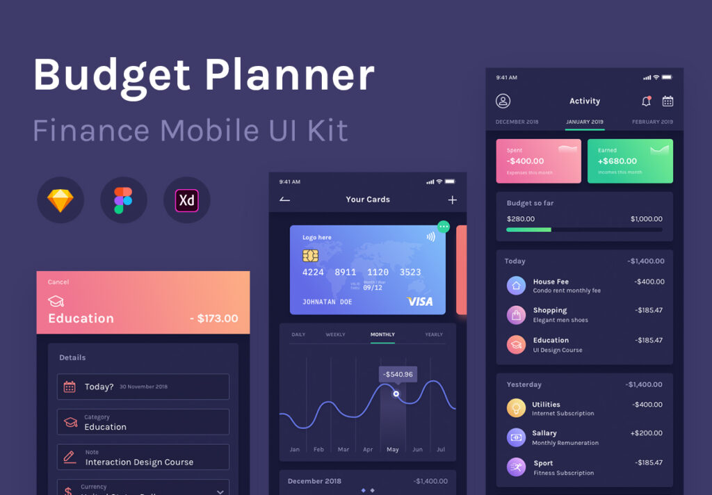 暗黑财务应用程序UI kit设计套件模型下载BudgetPlanner Mobile UI Kit