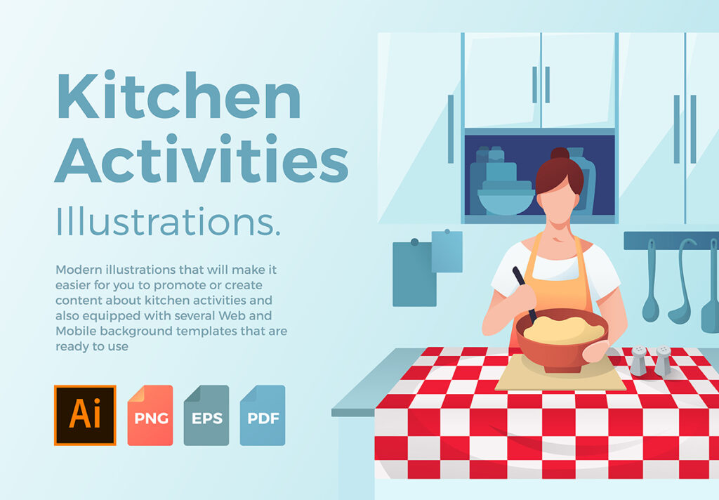 厨房餐饮美食主题UI界面设计套件素材Kitchen Activities Illustrations