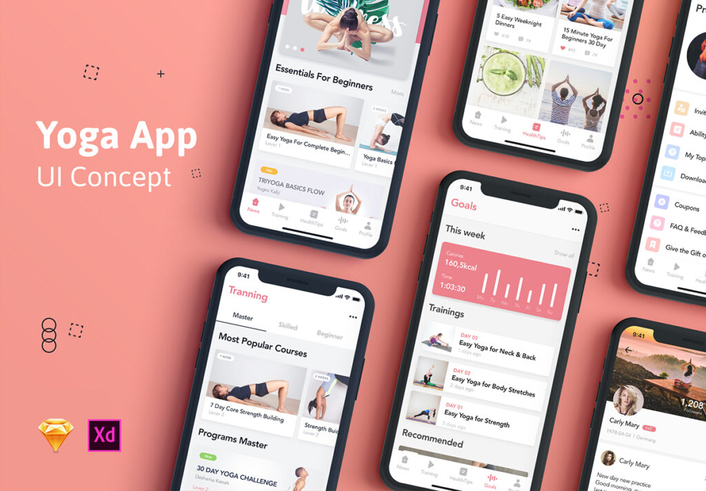 瑜伽健身概念主题移动应用程序素材模板下载Yoga Fitness Mobile App UI Kit