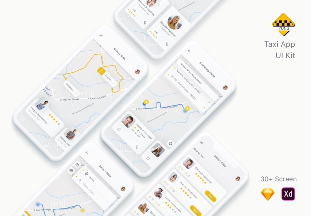 地图租车类导航类移动应用额吉套件UI界面素材shYunu Taxi App UI Kit