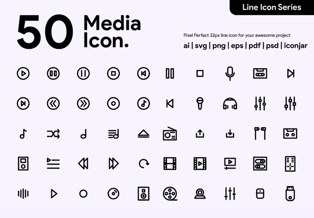 50个多媒体图标源文件下载模型素材50 Multimedia Line Icon 设计口袋