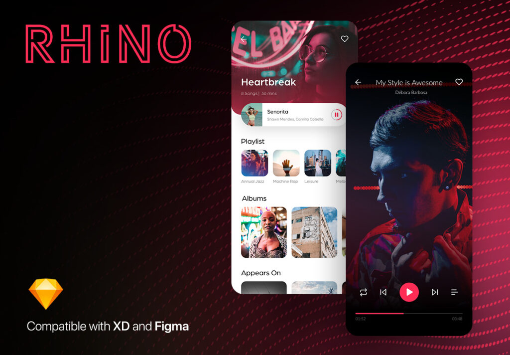 渐变风格音乐移动应用程序素材下载Rhino Music UI Kit