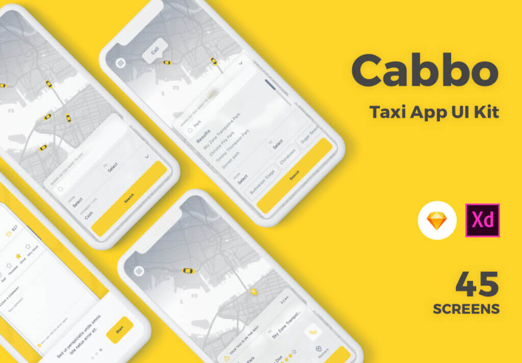 出租车应用程序的用户界面/地图出行类工具包设计套件Cabbo – Taxi Ui Kit Mobile App