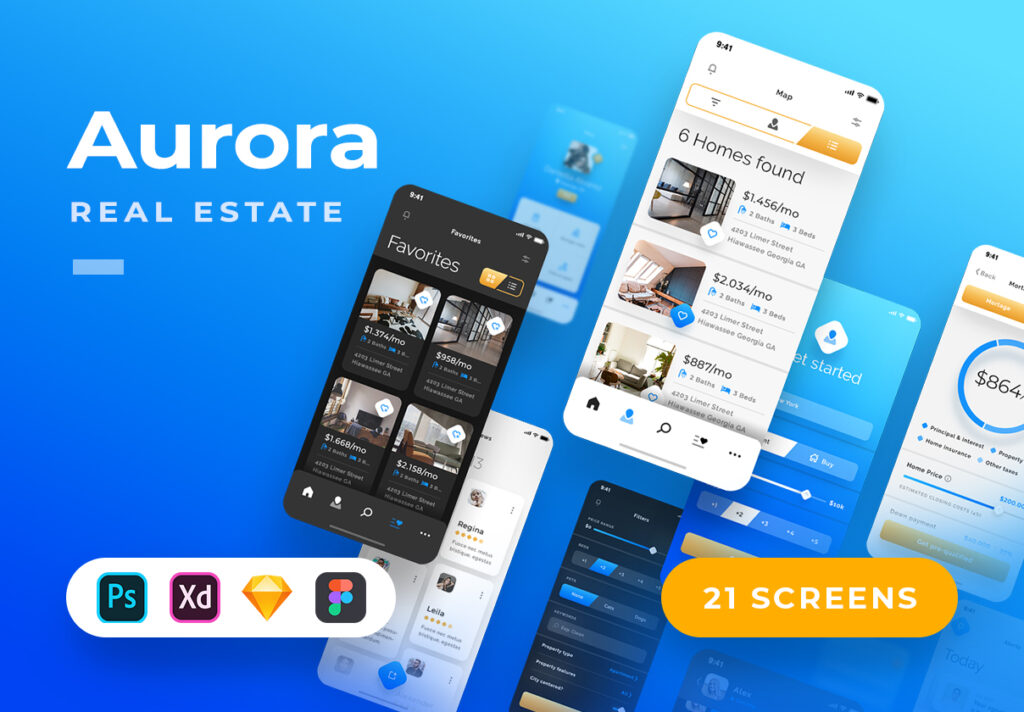 现代的iOS移动端应用房地产销售应用模版素材下载UI KitAurora Real Estate iOS UI Kit