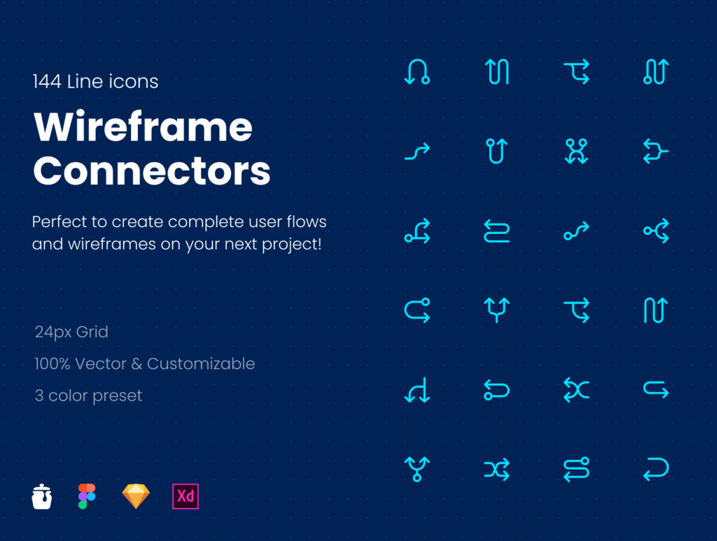 数据传输类矢量线性图标源文件下载Wireframe Connectors Icon Pack 144 Line icons插图1