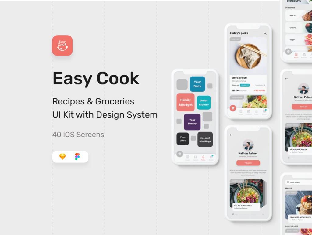 40个美食餐饮UI界面设计套件素材EasyCook Recipes & Groceries UI Kit插图1
