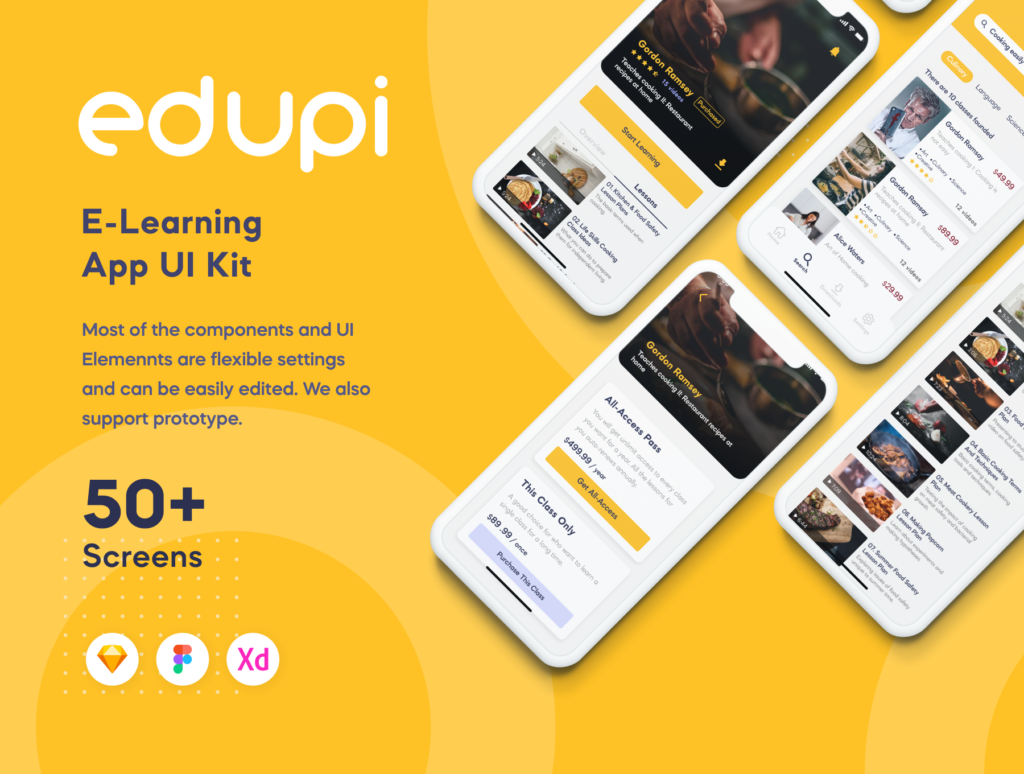在线视频学习/在线美食餐饮UI界面设计套件素材模板下载Edupi – E-Learning App UI Kit插图1