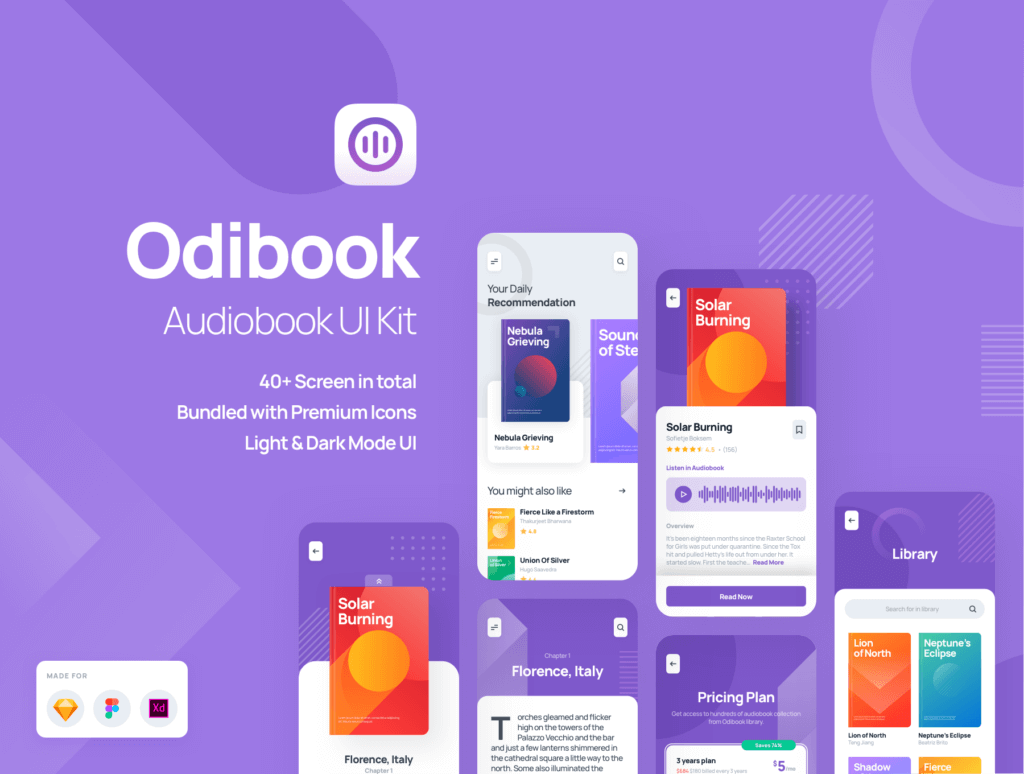 40个有声书籍商业UI界面设计套件素材模板Odibook – Audiobook UI Kit插图1