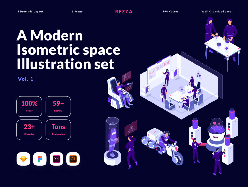 2.5D人工智能矢量插图素材模板素材Rezza – Isometric Space illustration set插图1