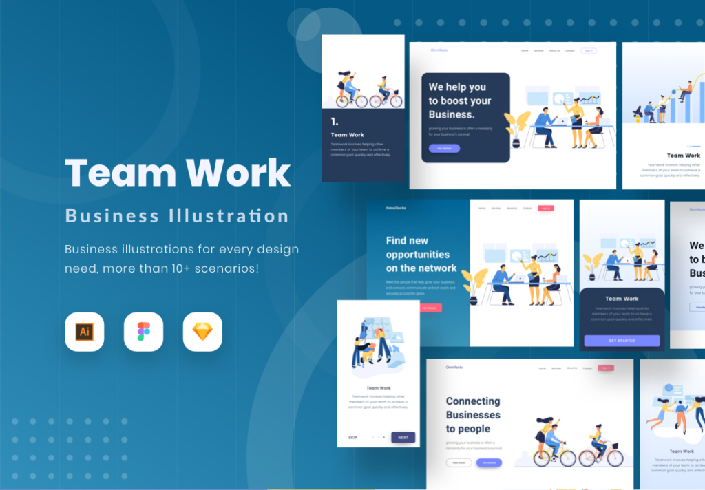 团队协作云办矢量扁平插画素材模板Teamwork – Colorful Illustration for Start up website