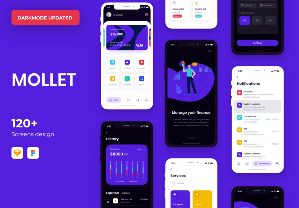 渐变风格金融风格钱包UI界面设计套件素材模板MOLLET – Wallet app UI Kit