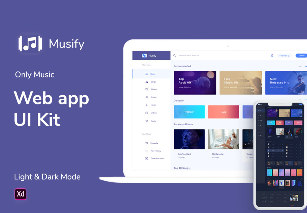 音乐网络应用程序web端设计套件素材模板下载Musify – Web app UI ket