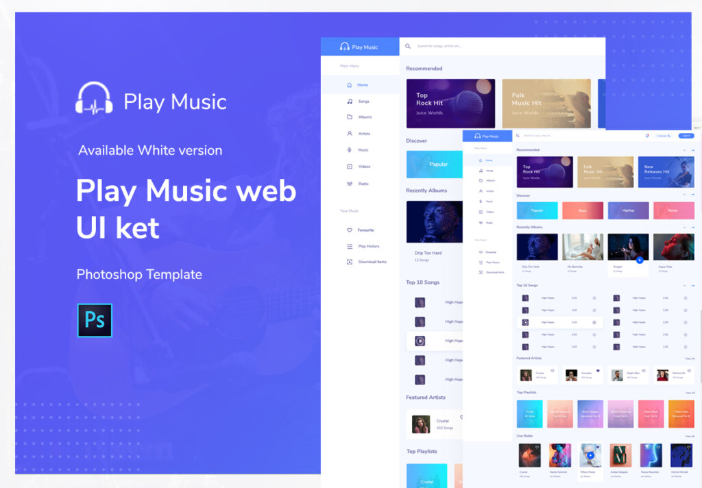 现代渐变风格音乐门户网站设计套件模板Play Music web Ui ket