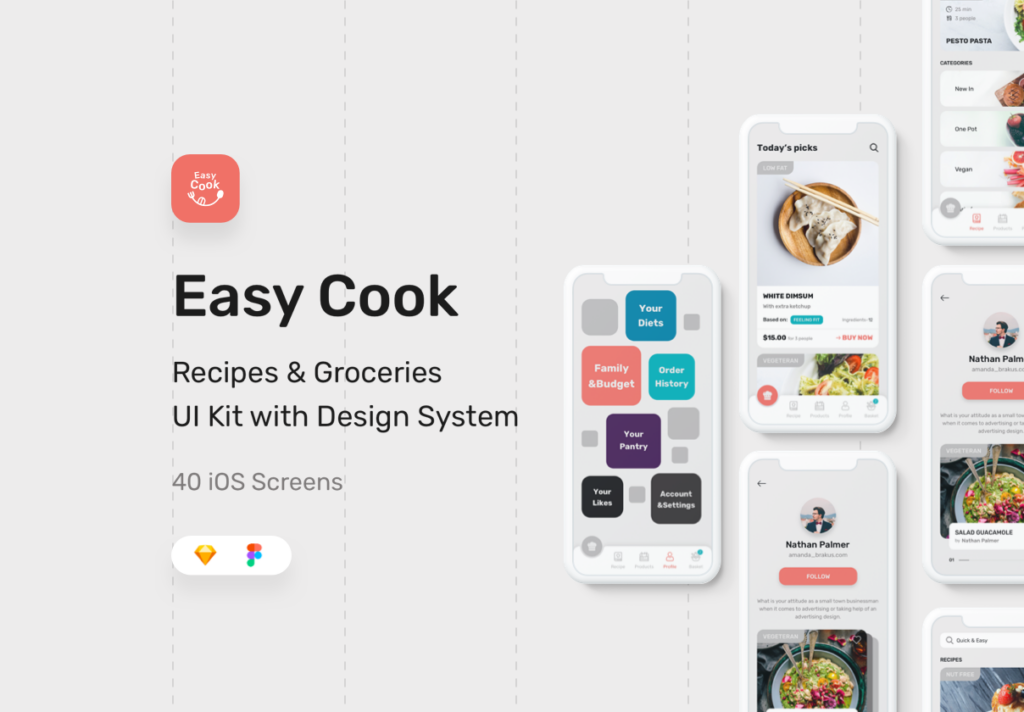 40个美食餐饮UI界面设计套件素材EasyCook Recipes & Groceries UI Kit