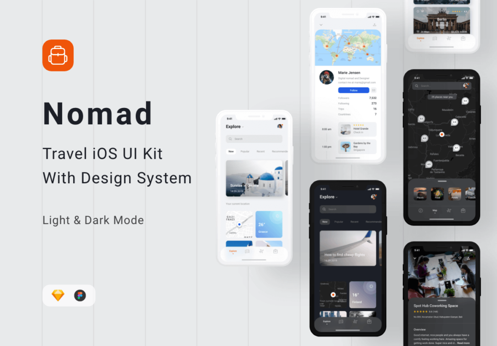 旅行类概念主题UI界面设计套件素材Nomad iOS UI Kit