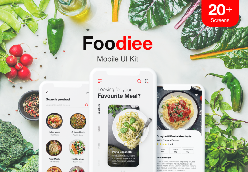 20个食品外卖订购餐饮UI界面设计套件素材下载Foodiee – Mobile UI Kit