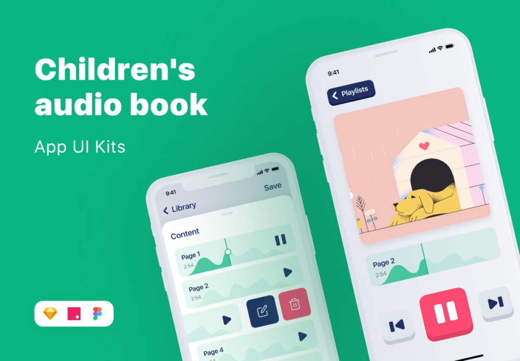 儿童有声书个人记录书籍UI设计套件素材模板Kiddo UI Kit