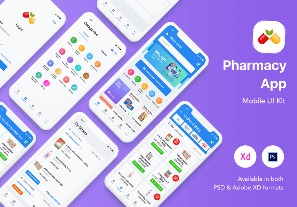 在线药房APP UI界面素材设计套件下载Pharmacy App Mobile UI Kit