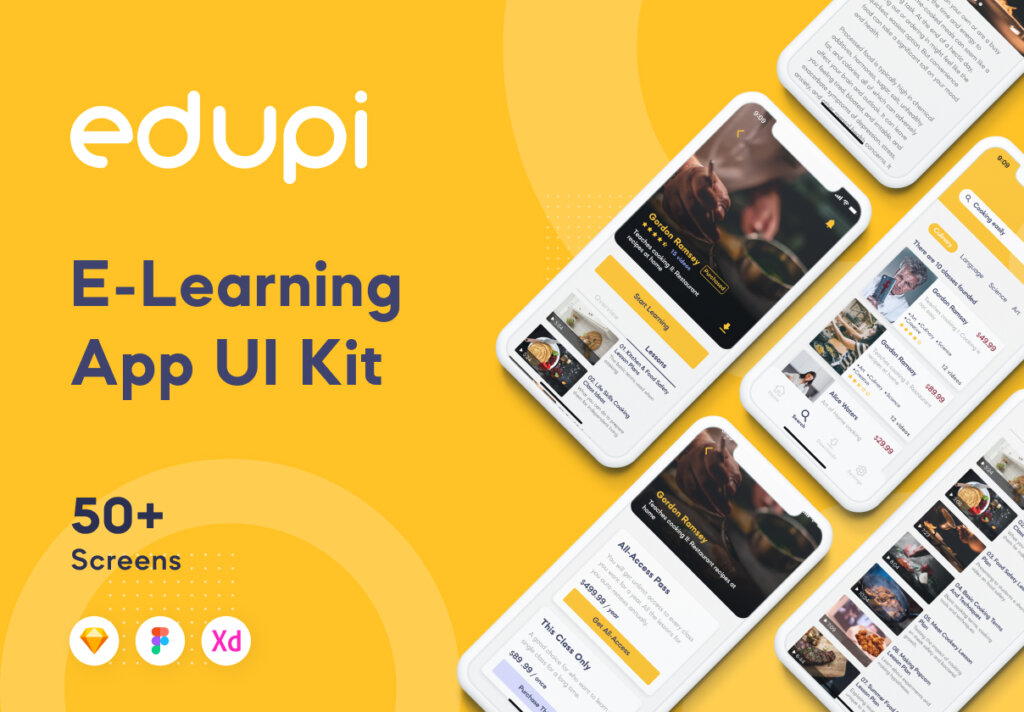 在线视频学习/在线美食餐饮UI界面设计套件素材模板下载Edupi – E-Learning App UI Kit