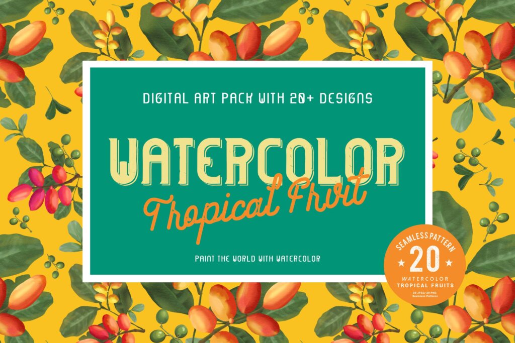 热带水果水彩画厨房窗帘墙纸装饰图案花纹素材模版下载20 Watercolor Tropical Fruits Seamless Pattern