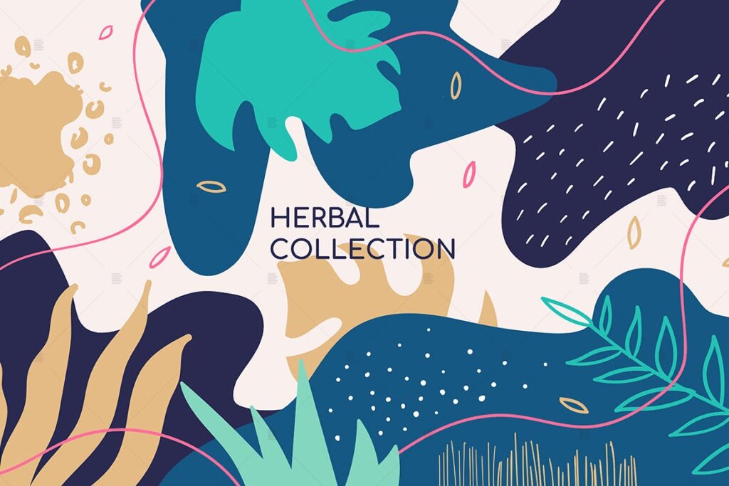 热带植物叶子剪影的插图装饰图案花纹素材模版下载Abstract herbal collection colorful banner