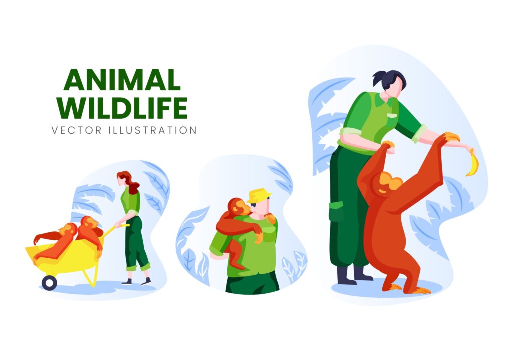 动物园饲养员横幅广告产品广告矢量插图下载Animal Wildlife Vector Character Set