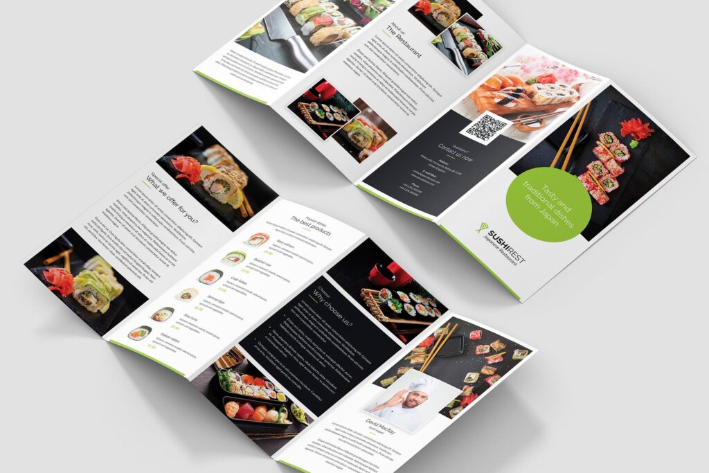 大众品牌海鲜自助专业因数品模板素材下载Brochure Sushi Restaurant 4 Fold