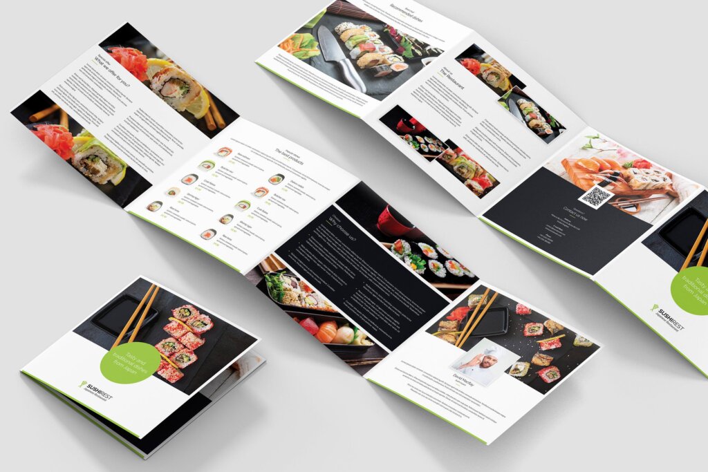 寿司日本食品寿司餐饮三折页印刷品模板素材下载Brochure Sushi Restaurant 4 Fold Square