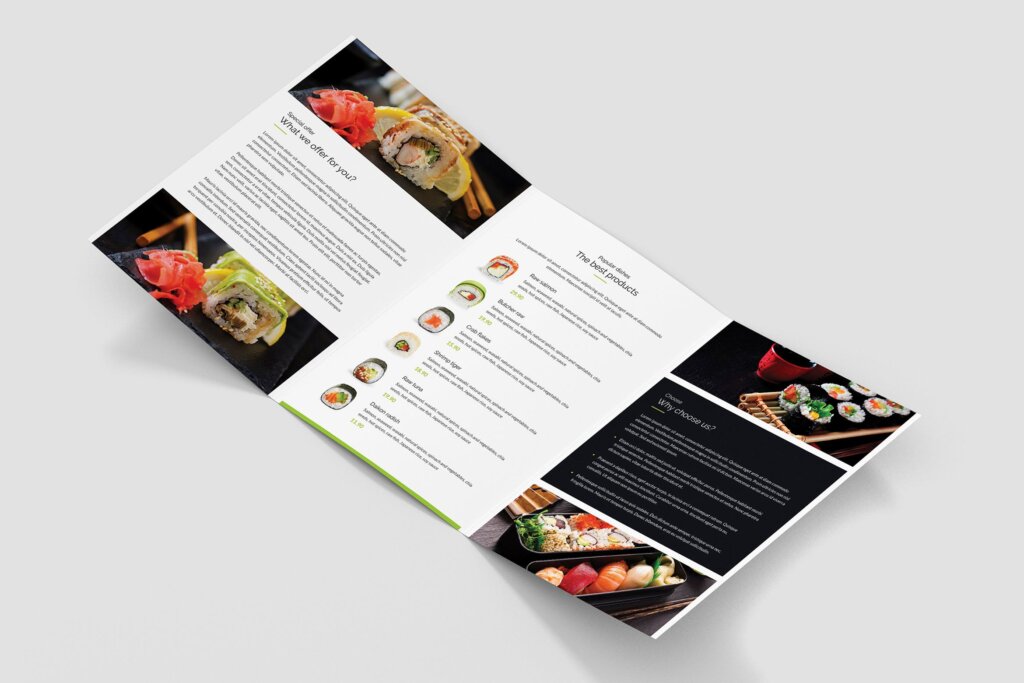 品牌烤肉/寿司日本料理三折页印刷品模版素材下载Brochure Sushi Restaurant Tri Fold A5