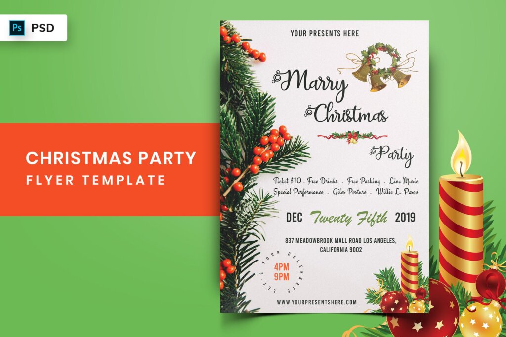 简约风圣诞节活动派对传单海报模板素材下载Christmas Party Flyer 01